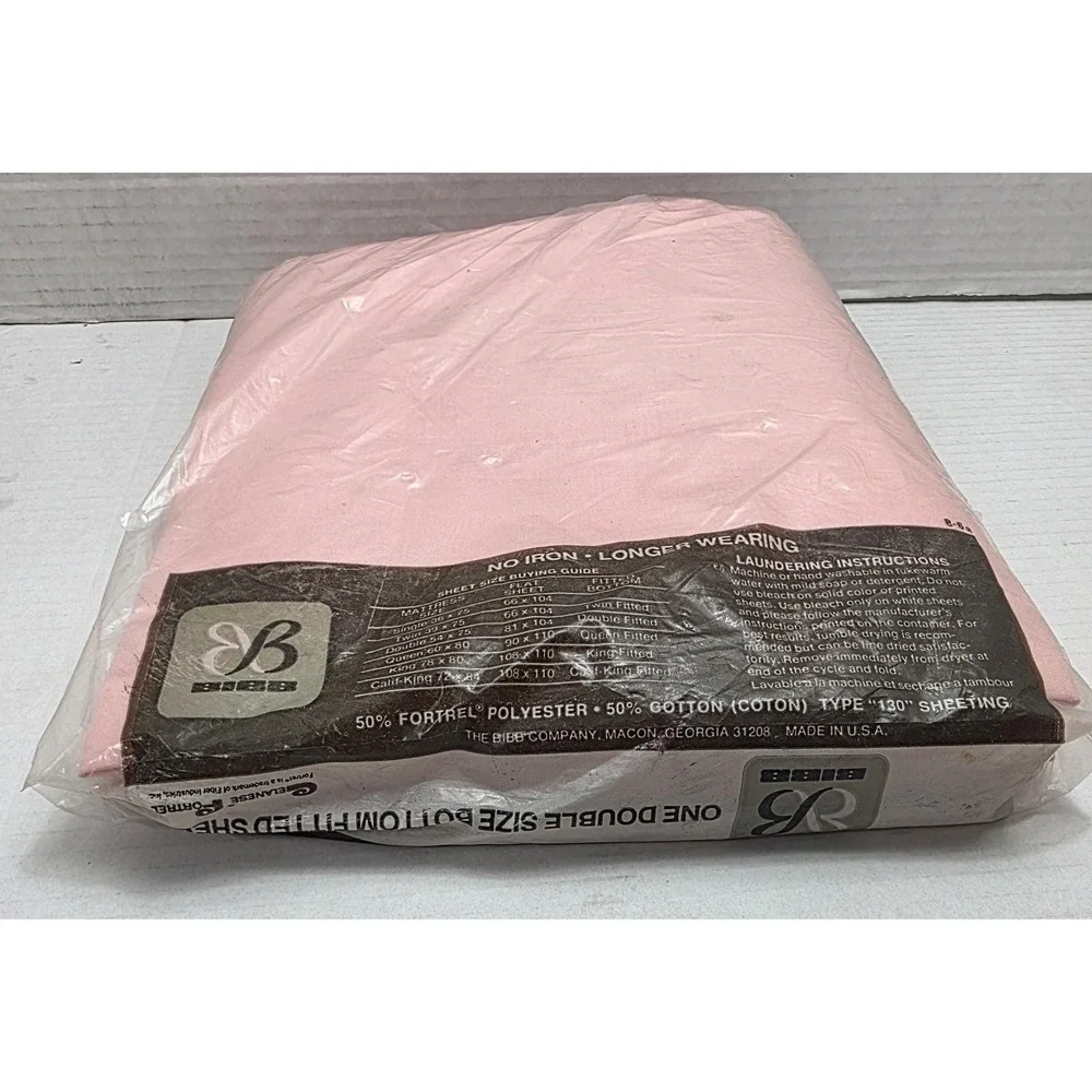 Vintage Bibb Pink Double Fitted Sheet NOS 50/50 Cotton Polyester 54x75 Sealed